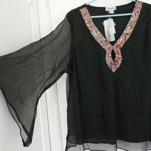 COPY - elegant sequin keyhole neckline fully lined bodice black sheer blouse